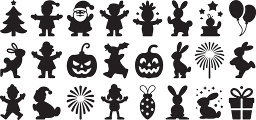 Black Silhouettes of Festive Characters and Symbols Including Santa Claus and Halloween Pumpkins Christmas tree silhouette
