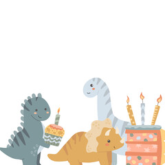 Cute dinosaurs celebrating birthday with cake and candles.