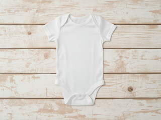 Blank baby onesie, bodysuit mockup, pregnancy announcement background, baby onesie flat-lay with wooden backdrop.