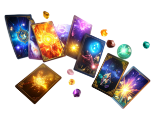 Floating Fantasy Card Game Elements, Isometric Layout, isolated transparent background png