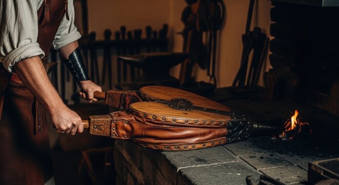 Skilled blacksmith pumping large leather bellows to fuel a fiery forge - Powered by Adobe