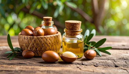 Argan seeds and oil isolated on a white background. Argan oil nuts with plant selecte