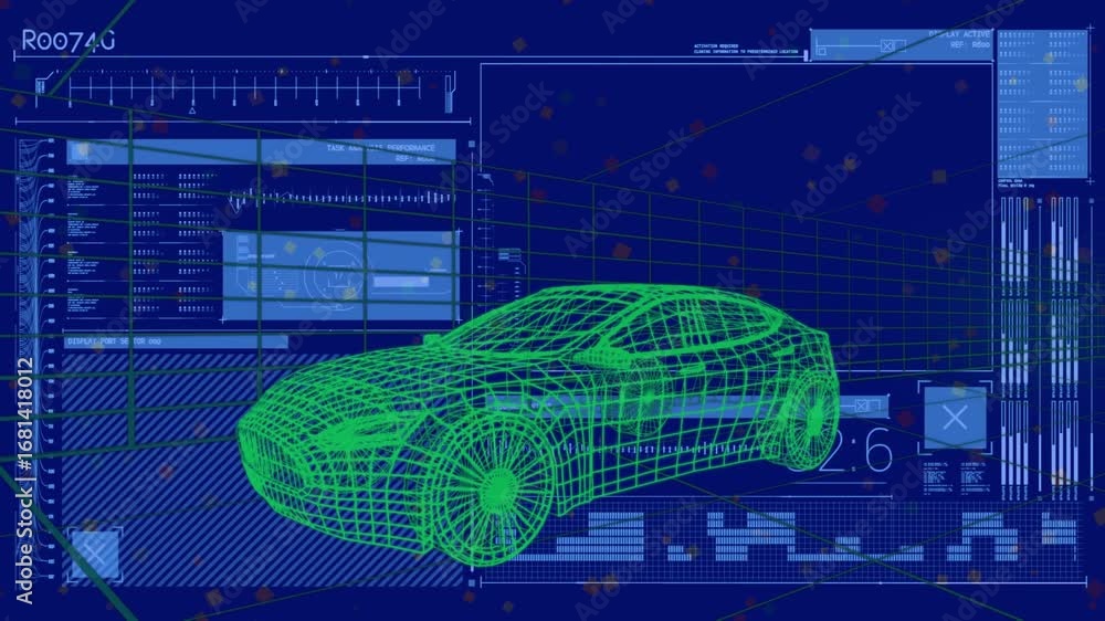 Aufkleber animation of 3d car drawing driving with data processing over grid