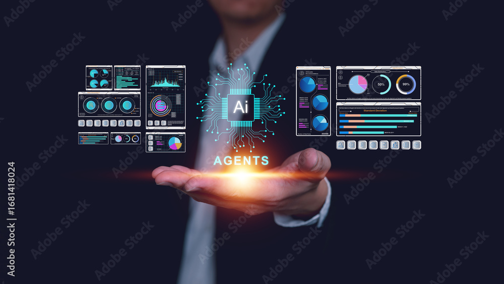 Fototapete businessman presenting holographic ai agents chip with digital dashboard and data analytics interfac
