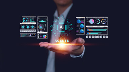 Businessman presenting holographic AI agents chip with digital dashboard and data analytics interface. Concept of artificial intelligence for business analysis, automation, and decision support.