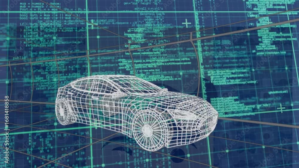 Poster animation of 3d car drawing driving with data processing over grid