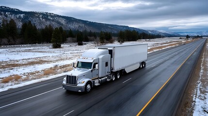 Obraz premium A large semi-truck transporting cargo travels along a snow-covered highway through a scenic mountainous landscape.