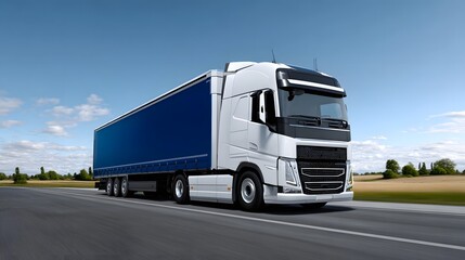 A large semi-truck with a blue trailer is speeding down a highway, surrounded by a countryside landscape of fields and blue sky with fluffy white clouds.