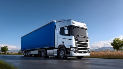 A large blue semi-truck carrying a trailer filled with cargo drives along a rural highway through an open countryside landscape under a clear blue sky