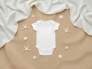 Blank baby onesie, bodysuit mockup, pregnancy announcement background, baby onesie summer flat-lay with seashells and star fish, Mediterranean chic, tropical theme. Neutral palette flatlay.