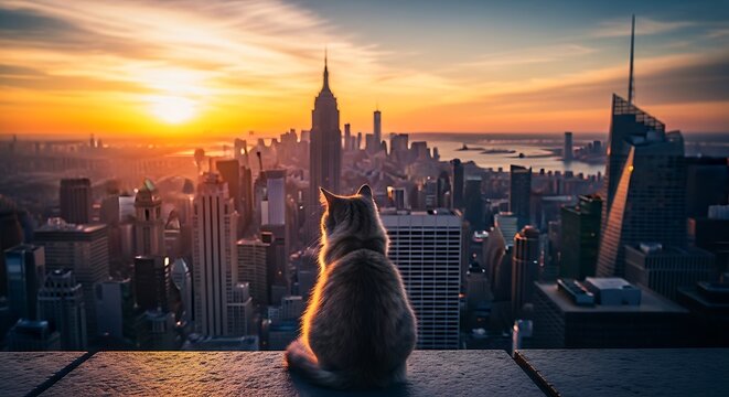 A cat contemplates the new york city skyline at sunset - Powered by Adobe