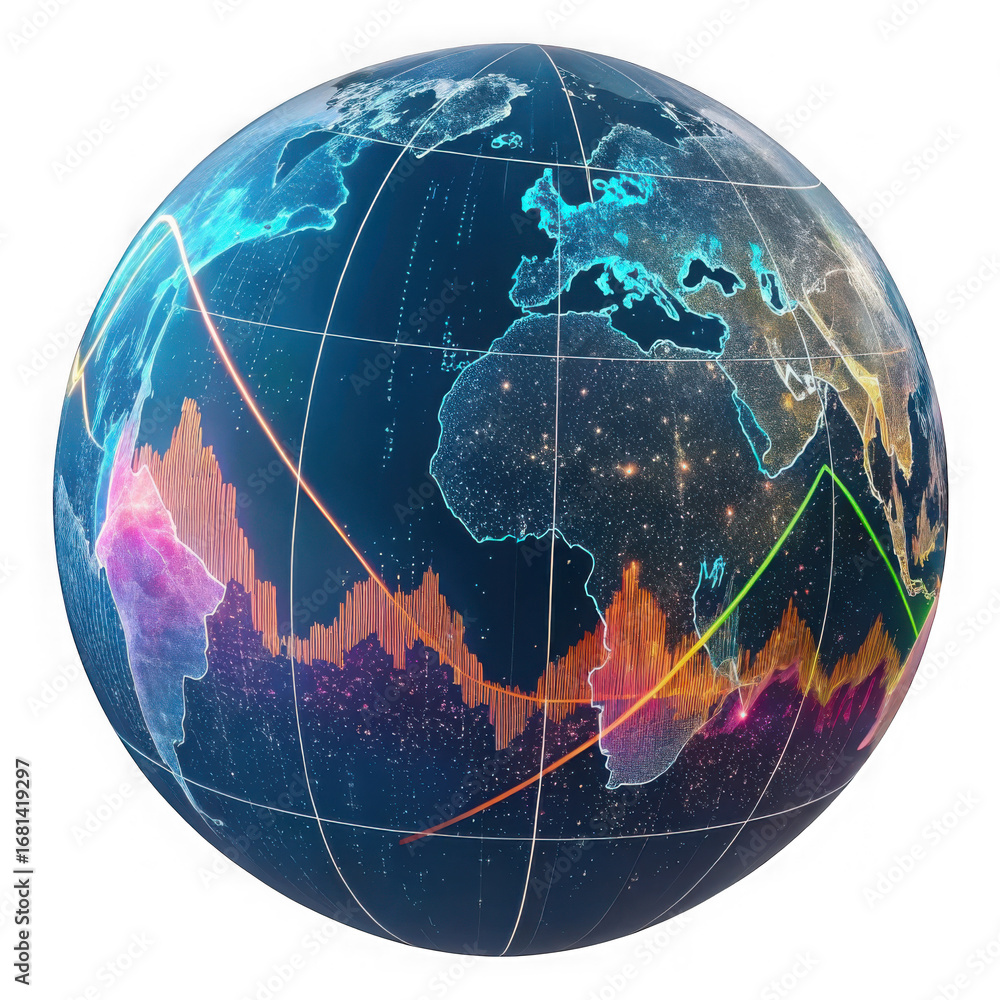 Poster futuristic digital globe with glowing data streams and financial charts isolated on transparent back