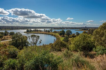 Lakes, gardens, and trees in suburban wetlands of a southeastern city area