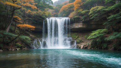 Obraz premium Serene waterfall surrounded by dense forest in a scenic national park, vibrant and picturesque landscape