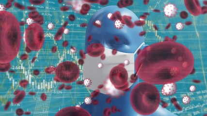 Animation of red blood cells over human head wearing face mask and statistics - Powered by Adobe