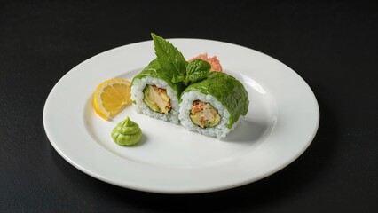Sushi roll with avocado and vegetables served with wasabi, pickled ginger, and lemon on a white plate over a black background