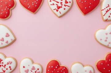 Top view of heart-shaped cookies for Valentine's Day with room for text
