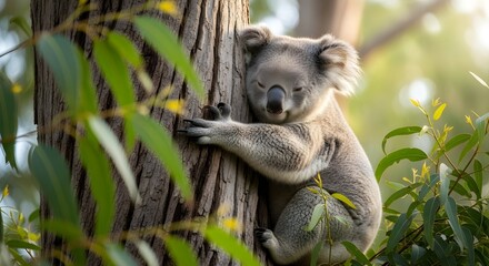 Fototapeta premium Adorable koala bear clinging to eucalyptus tree trunk in australia wildlife photography