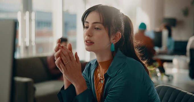 Thinking, computer and research with business woman in office for web designer, planning and idea. Homepage layout, vision and creative with frontend developer or person in tech startup for update