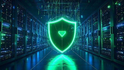Futuristic server room with a glowing green shield