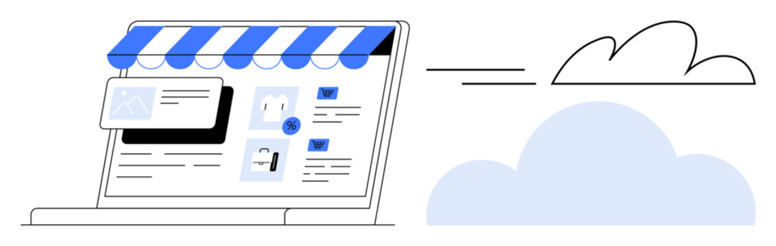Laptop with storefront awning featuring online shop interface, product listings, cloud icon. Ideal for e-commerce, digital marketing, cloud technology, online business, website design, retail