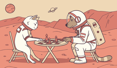 "A cat and dog dressed as astronauts playing chess on Mars, detailed space suits, cinematic alien landscape, photorealistic humorous sci-fi stock image."