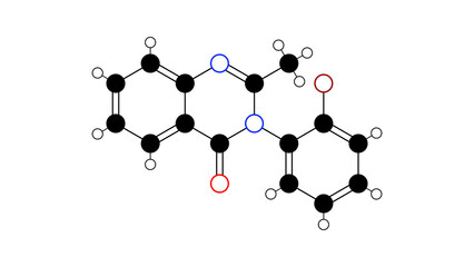 mebroqualone molecule, structural chemical formula, ball-and-stick model, isolated image sedative hypnotic
