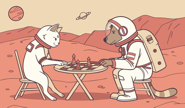 "A cat and dog dressed as astronauts playing chess on Mars, detailed space suits, cinematic alien landscape, photorealistic humorous sci-fi stock image."