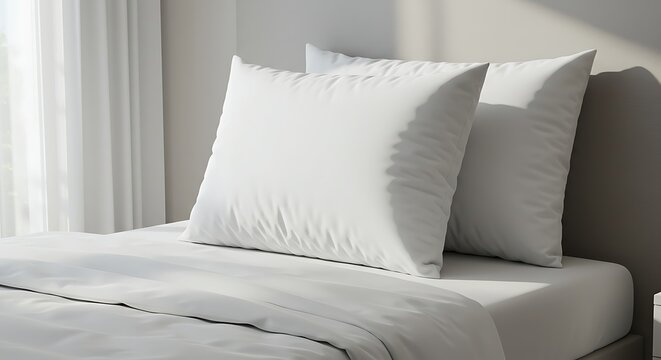 A beautifully made bed with crisp white sheets and two soft, plump pillows bathed in natural light, creating an inviting and serene bedroom environment perfect for relaxation and peaceful sleep