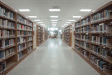 Abstract blurred interior of a library with bookshelves and a reading zone