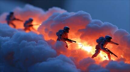 Fototapeta premium the image displays a row of small figures dressed in white suits with dark visors, positioned amidst a landscape of puffy white material that resembles clouds or snowdrifts