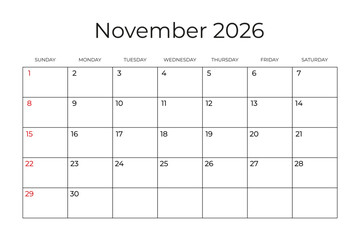 Printable Monthly Calendar template for November 2026. Week Starts on SUNDAY. Wall Calendar in a Minimalist Style. Simple and clean design. Ready to print. Vector illustration
