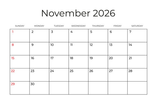 Printable Monthly Calendar template for November 2026. Week Starts on SUNDAY. Wall Calendar in a Minimalist Style. Simple and clean design. Ready to print. Vector illustration