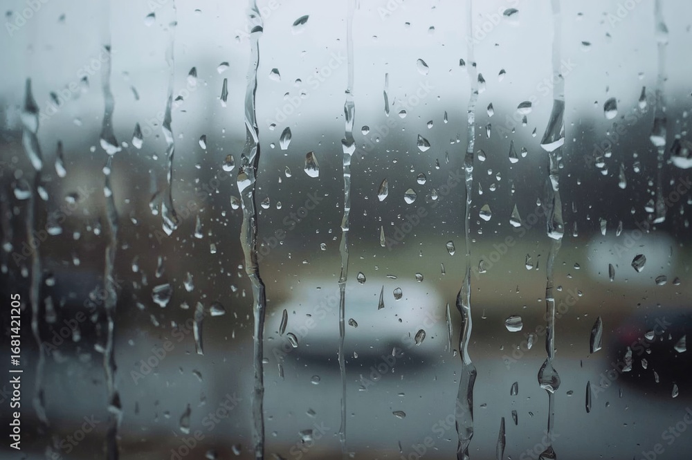 Poster raindrops clinging to a windowpane on a wet day with an out-of-focus backdrop.