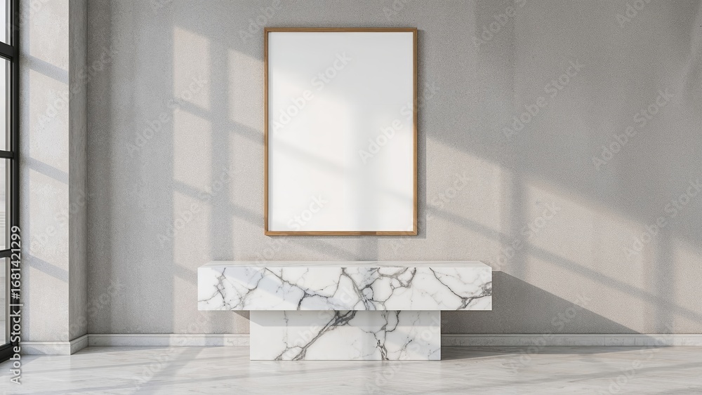 Poster rendered image of a vertical wooden frame atop a marble console with a gray background