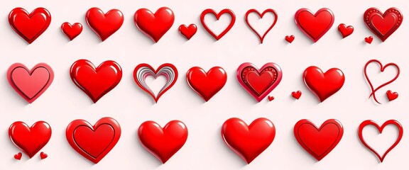 Set of red heart icons in various styles and designs, perfect for Valentine's Day or love-themed projects, valentines day, romance