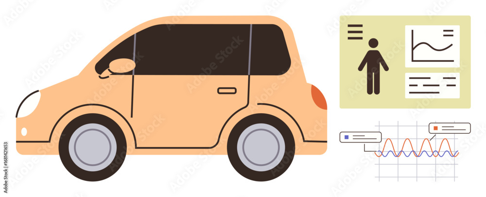 Poster car adjacent to data-driven charts, human figure, and analytics interface. ideal for mobility, autom