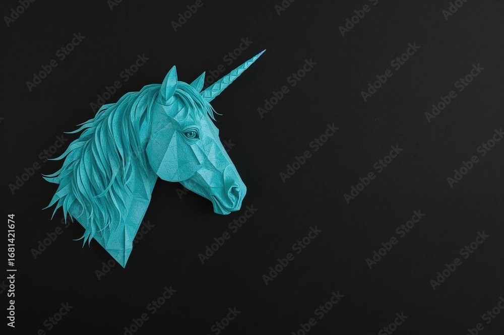 Poster turquoise unicorn head crafted from paper on a dark backdrop with empty space