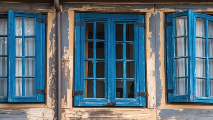 Decorative blue wooden window frames for house interiors