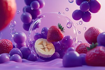 A vibrant 3D rendering of strawberries, a banana slice, and purple spheres, seemingly floating in a transparent bubble against a purple backdrop, with air bubbles dispersed throughout