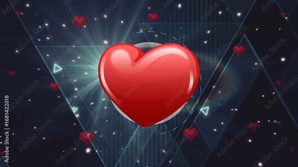 Poster animation of hearts pulsating over lights and connections on black background