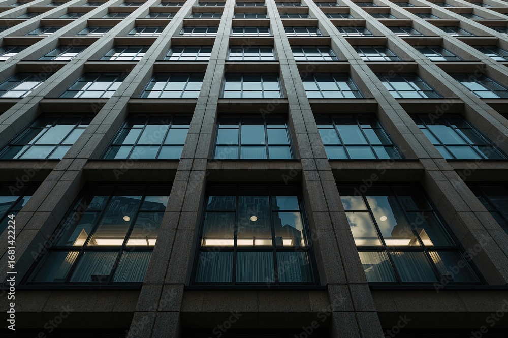 Aufkleber abstract architectural pattern of windows and walls viewed from below on a tall commercial structure