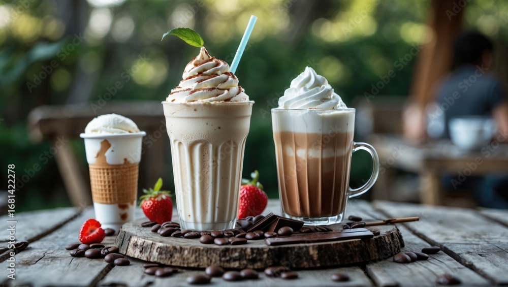 Poster refreshing beverages including vanilla frappe and cappuccino alongside ice cream displayed on a rust