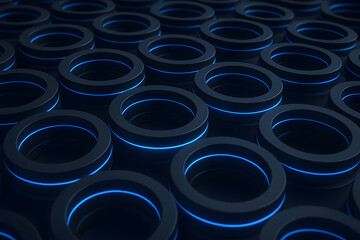 Abstract blue glowing circular rings futuristic technology background pattern, repeating geometric loops with neon light, modern digital texture for sci fi interface, data network, artificial intellig