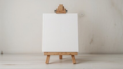 Close-up of a white canvas resting on a miniature easel over a light wood backdrop, concept of emptiness with room for text