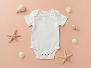 Blank baby onesie, bodysuit mockup, pregnancy announcement background, baby onesie summer flat-lay with seashells and star fish, blue Mediterranean chic, tropical theme.