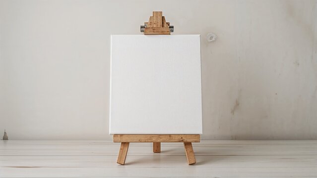 Close-up of a white canvas resting on a miniature easel over a light wood backdrop, concept of emptiness with room for text