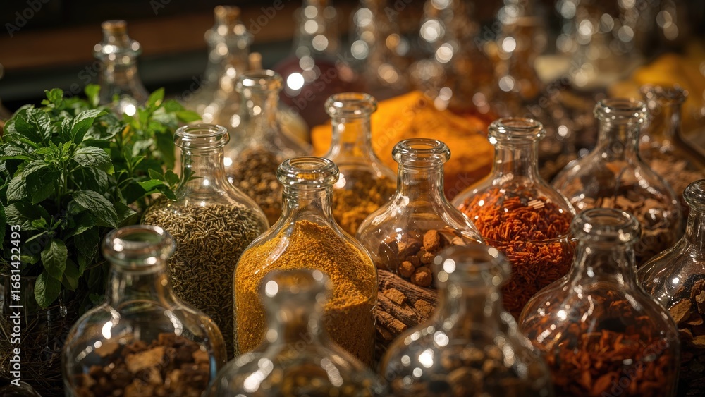 Poster assorted eastern herbs and spices displayed in transparent containers with focused detail.