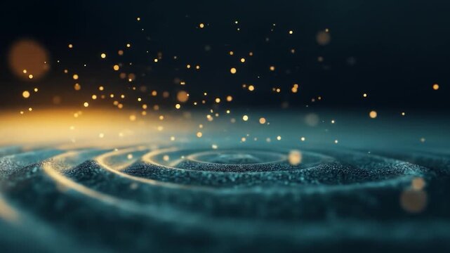 Cosmic Resonance: An abstract digital artwork depicts concentric ripples emanating from a central point, interspersed with glowing particles, set against a vast space.