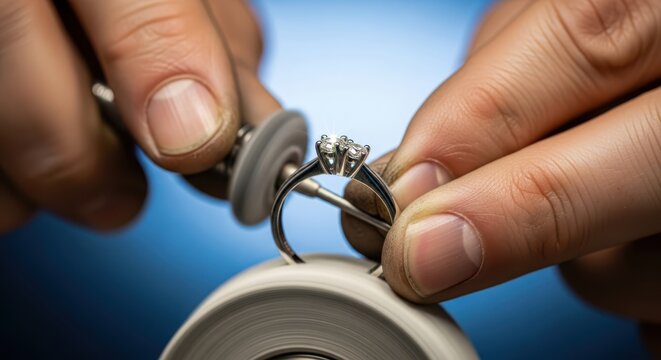 Skilled hands carefully polish a sparkling diamond engagement ring with precision tools - Powered by Adobe